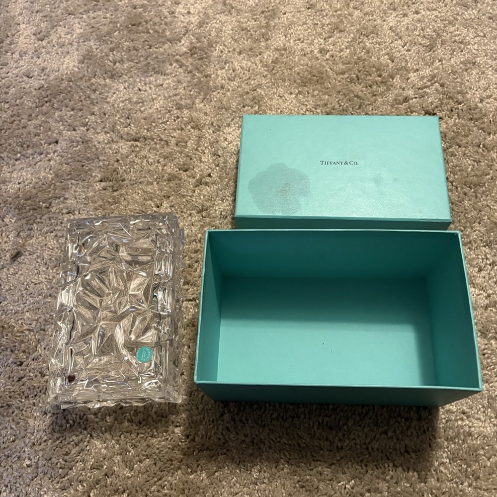 Tiffany & Co Clear Art Glass Rectangular Candy Dish With Lid and Original Box